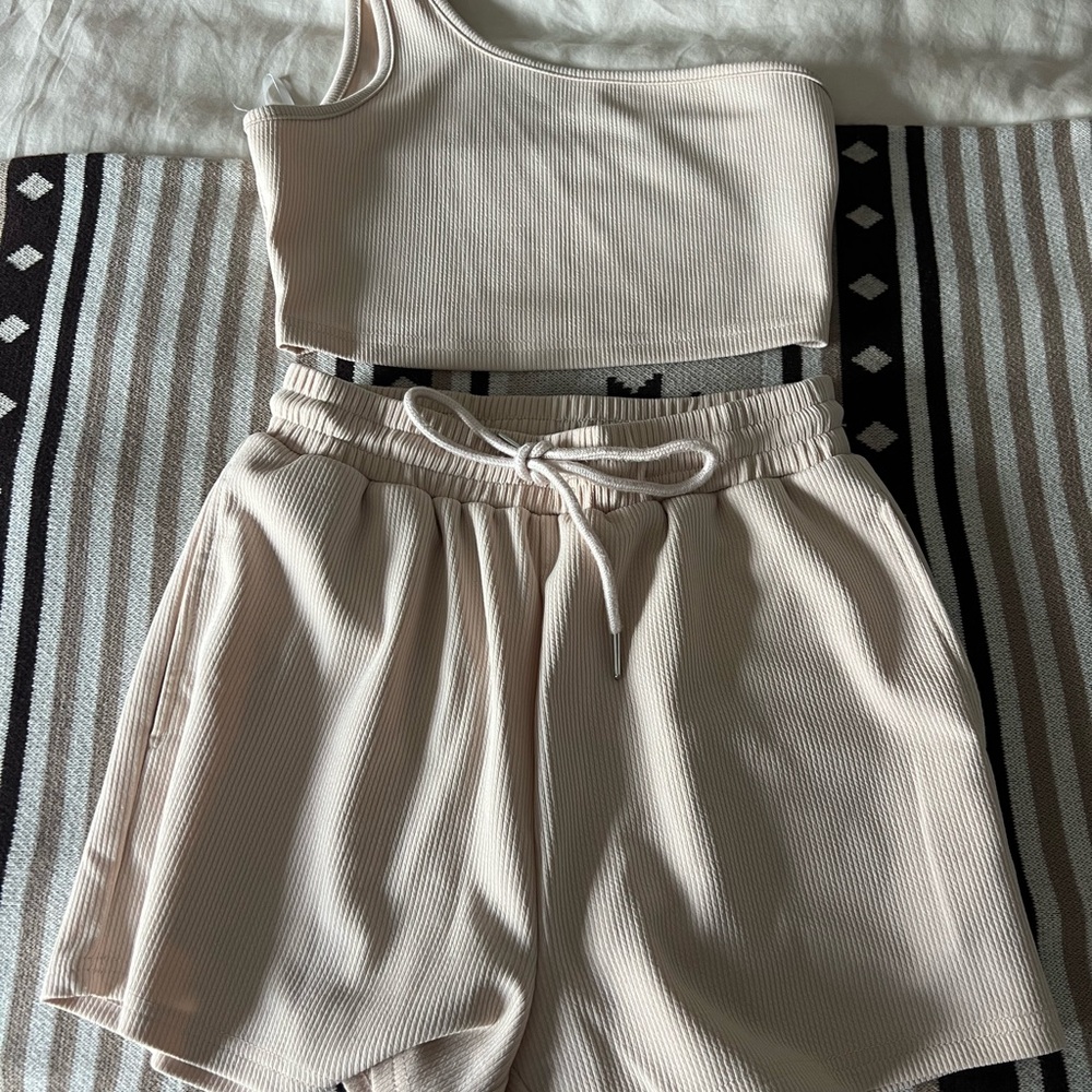 Beige Ribbed Loungewear Set
